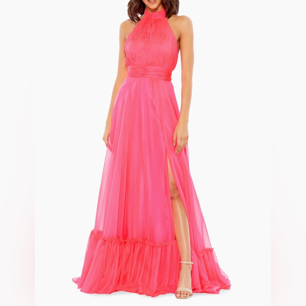 Mac Duggal Hot Pink Halter Ruffled Hem Evening Gown